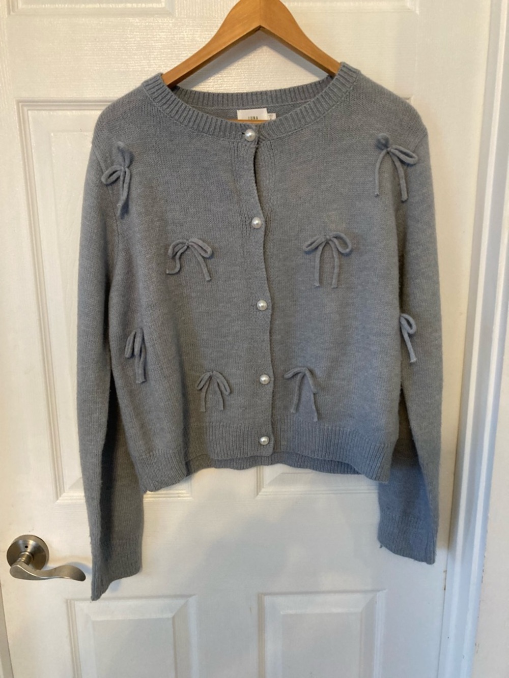 Crewneck Bow-Appliqué Cardigan Sweater in Light Blue